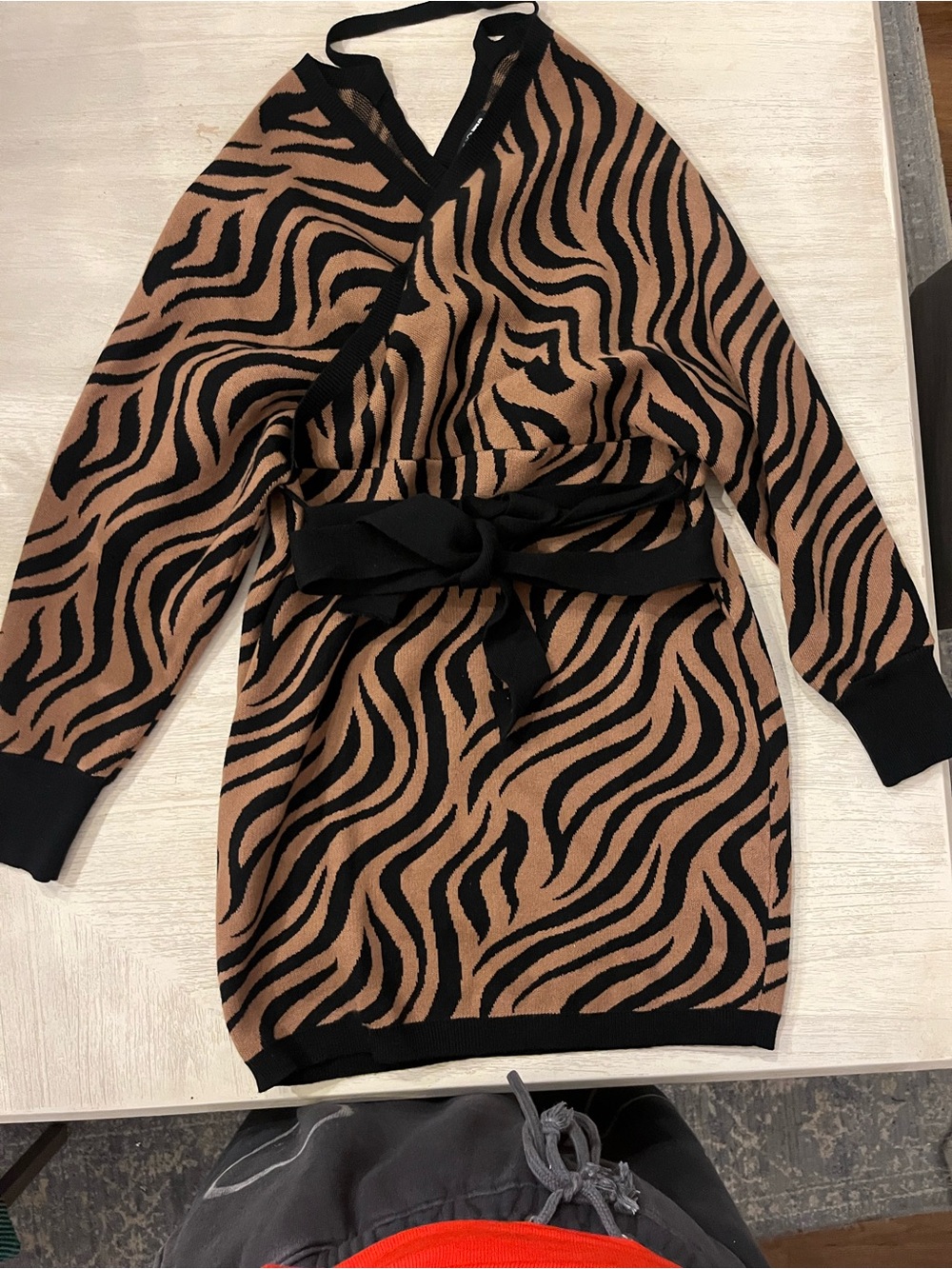 Fashion Nova Black & Tan Zebra Wrap Sweater with Belt